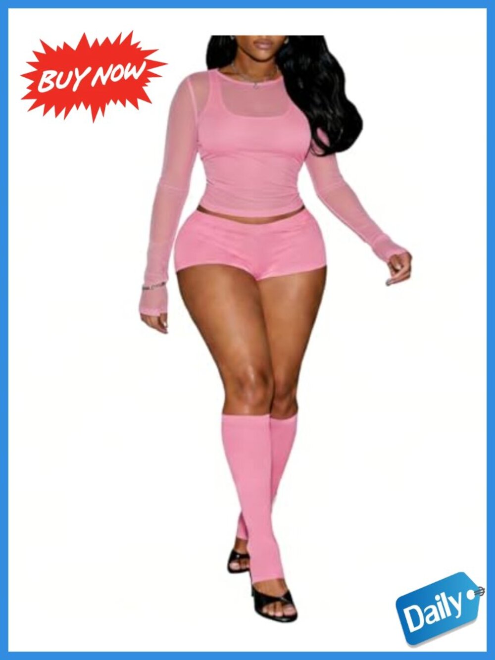 Sheer Mesh 3 Piece Outfit with Tank Top and Bodycon Shorts Set